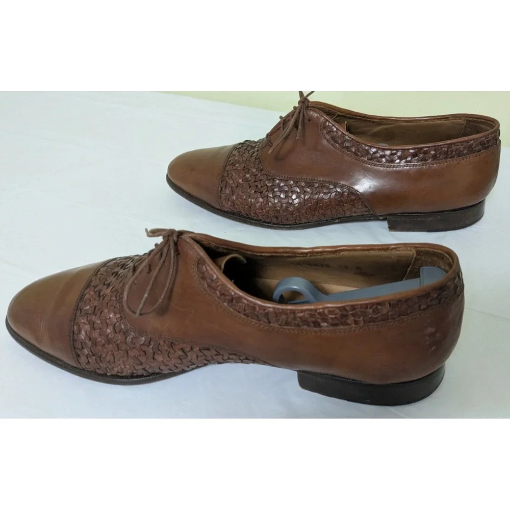 Johnston & Murphy Domani Brown Leather Cap Toe Basketweave Lace Oxford 12M Italy